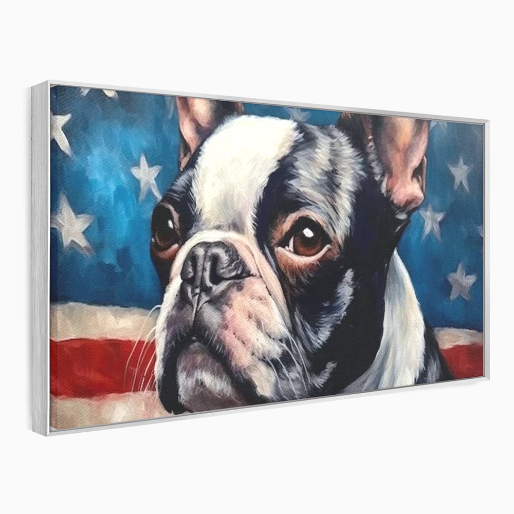 Tablou canvas cu tablou pictura caine boston terrier, in rama de aluminiu argintiu